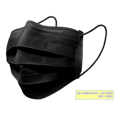 Gisafe filterend chirurgisch masker 98% 3-laags type IIR met elastische banden - volwassenen - zwart - doos - pak 50 stuks.